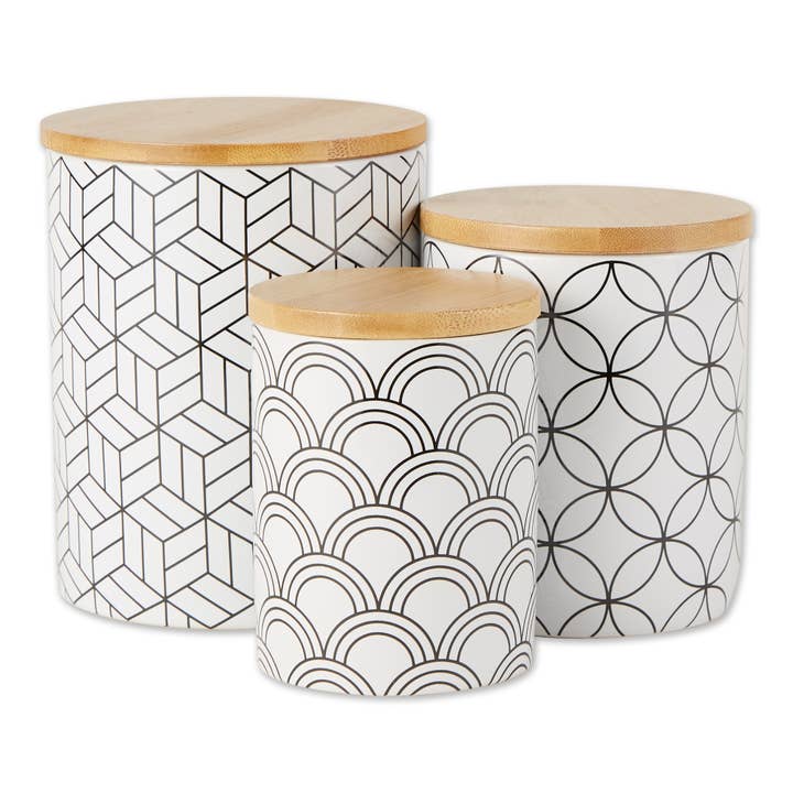 White And Black Mi x ed Print Ceramic Canister Set of 3 for wholesale by Welcome Home Unbeatable Deals