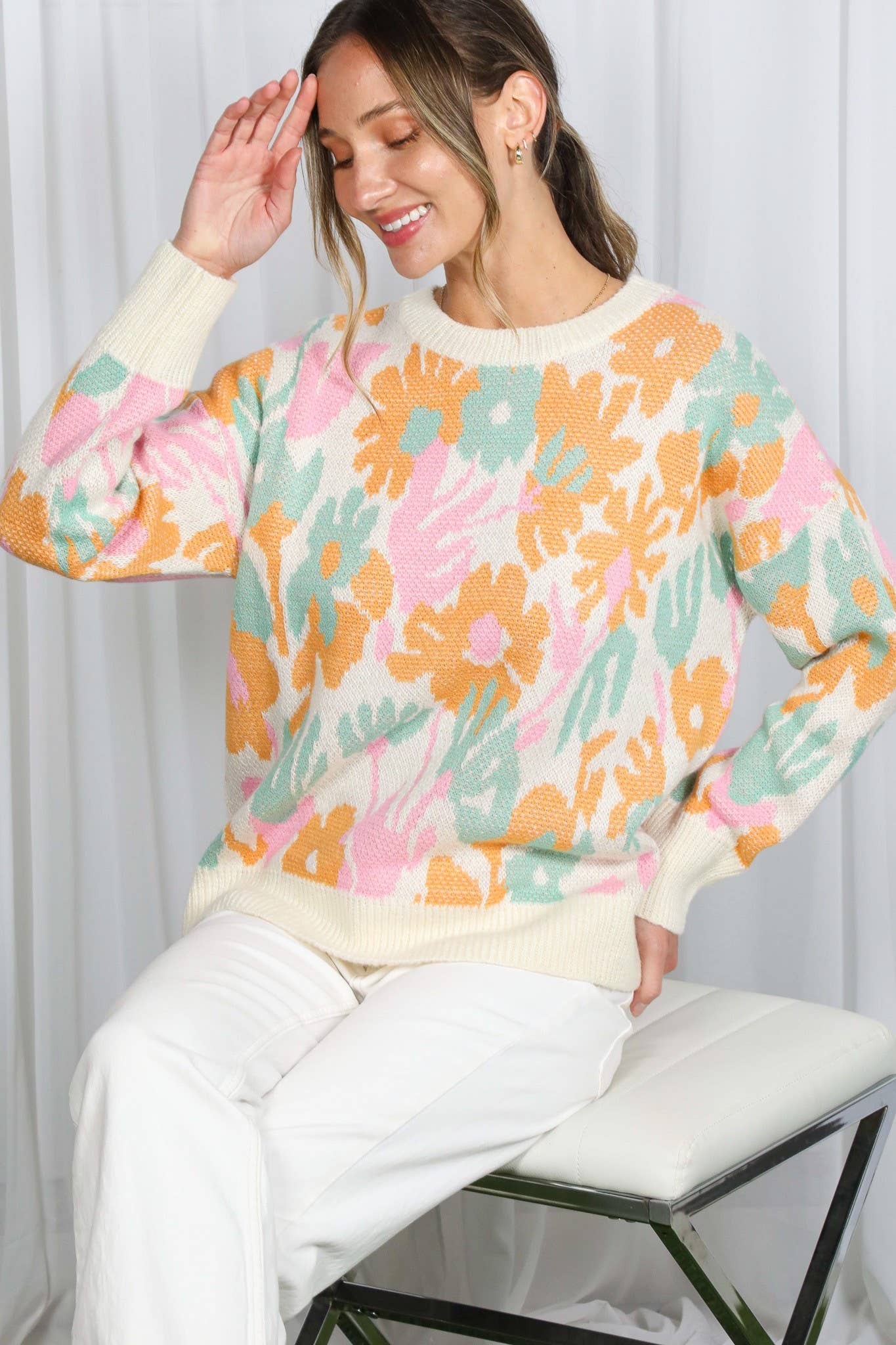 Cream Multi Floral Jacquard Knitted Sweater Top VT82628 for wholesale on Faire15