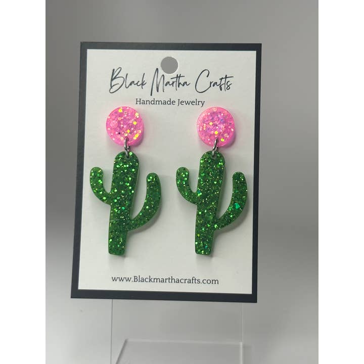 Black Martha Crafts - Wholesale Dangle Earrings - Spike Lee- Cactus Glitter Resin Earrings