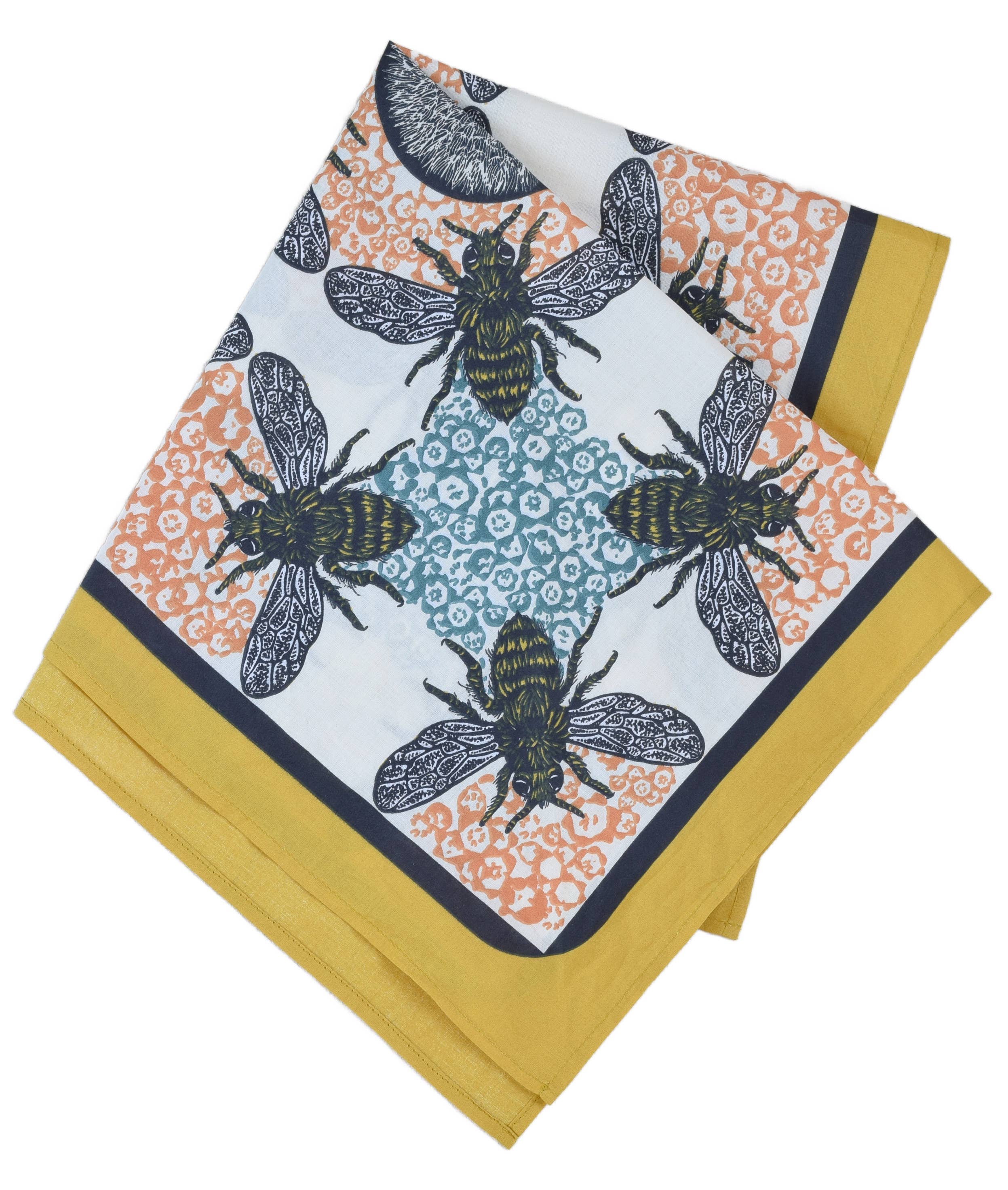 Hearth and Harrow - Wholesale Bandana - Unisex - Honeybee Bandana - 100% Cotton - Yellow Teal - Hand Printed5