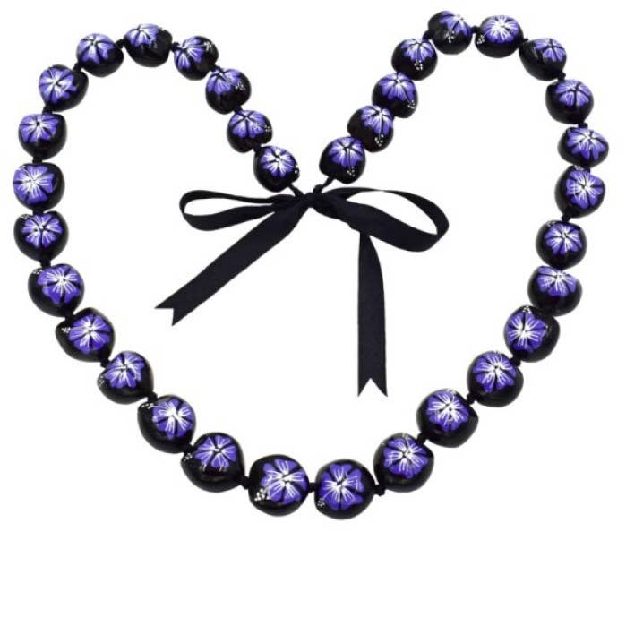 DK Hawaii - Wholesale Beaded/Pearl Necklace - Black Kukui Nut with Purple Hibiscus Flower Hand-Painted Lei