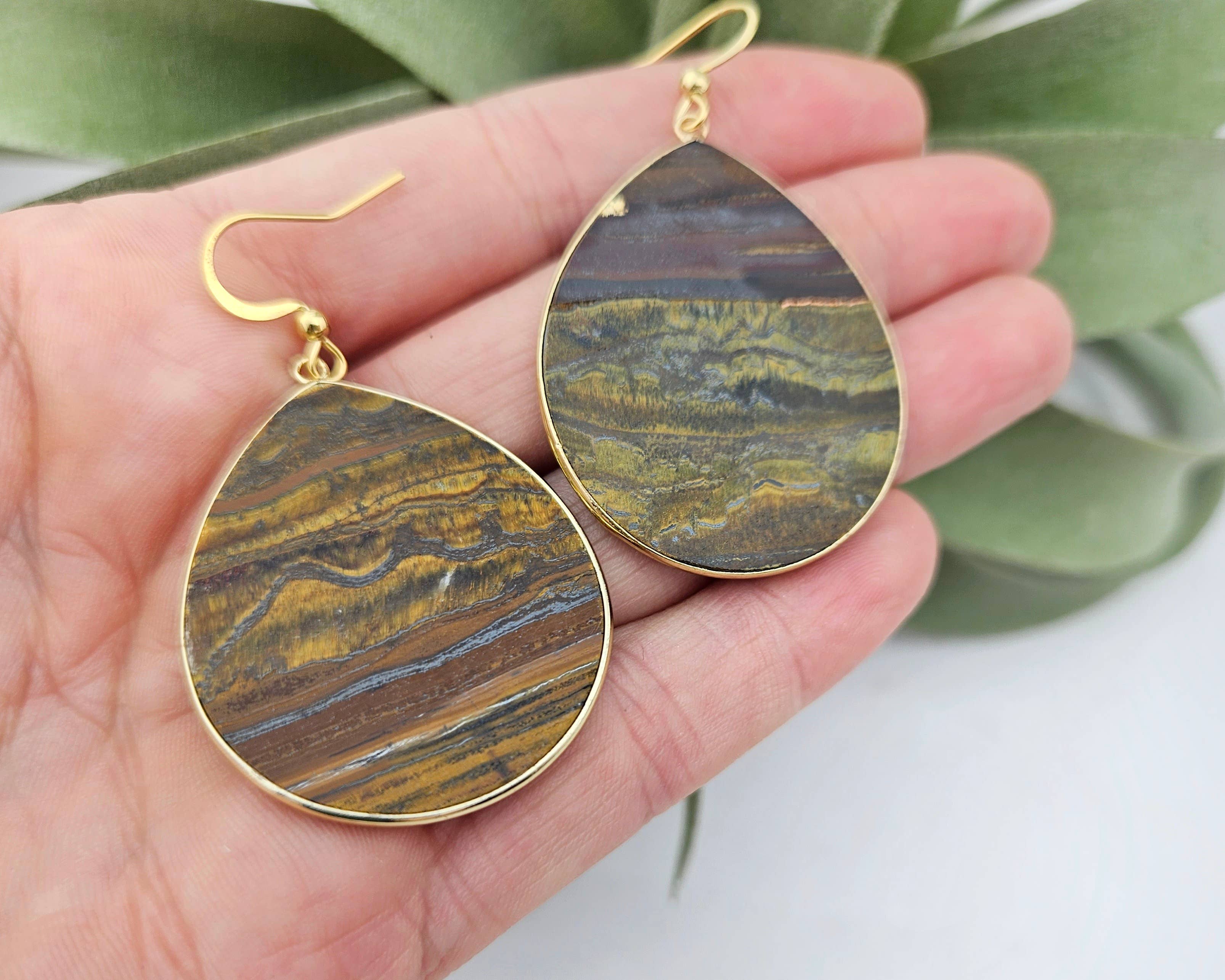 WonderLight Jewelry - Vente Boucles d'oreilles pendantes - Boucles d'oreilles plates en forme de larme - Tigers Eye/Power6
