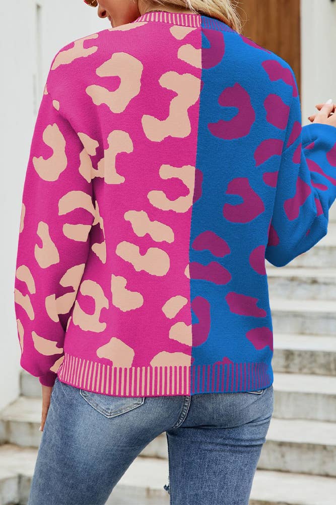 UNISHE - Wholesale Cardigan - Women's - V Neck Button Leopard Colorblock Cardigan MD0075