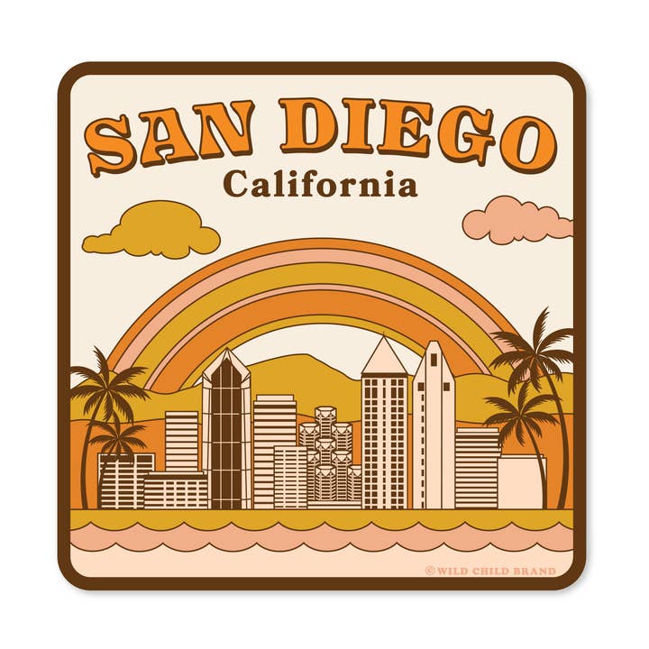 San Diego Californien Klistermærke | Retro Skyline Regnbue Vinyl for engroshandel hos Wild Child Brand