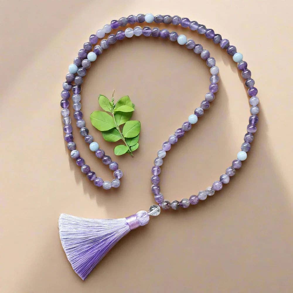 Harmony Mala – Großhandel Gebetskette für den Hals – Amethyst-Mala-Perlenkette mit Quaste – Gelassenheit2
