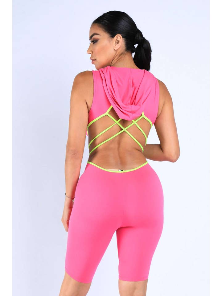 K Too - Wholesale Romper - Women's - Semi Zip-Up Spaghetti Line Hoodie Romper2