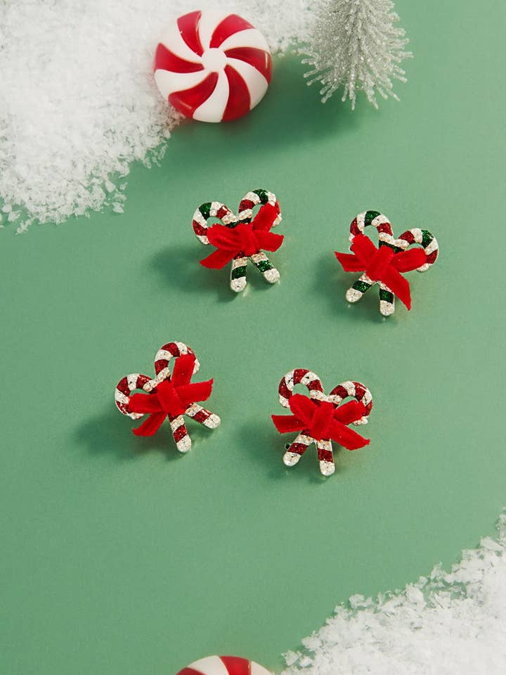 Glitter Pearl Candy Cane with Ribbon Post Earrings for wholesale by Designature New York