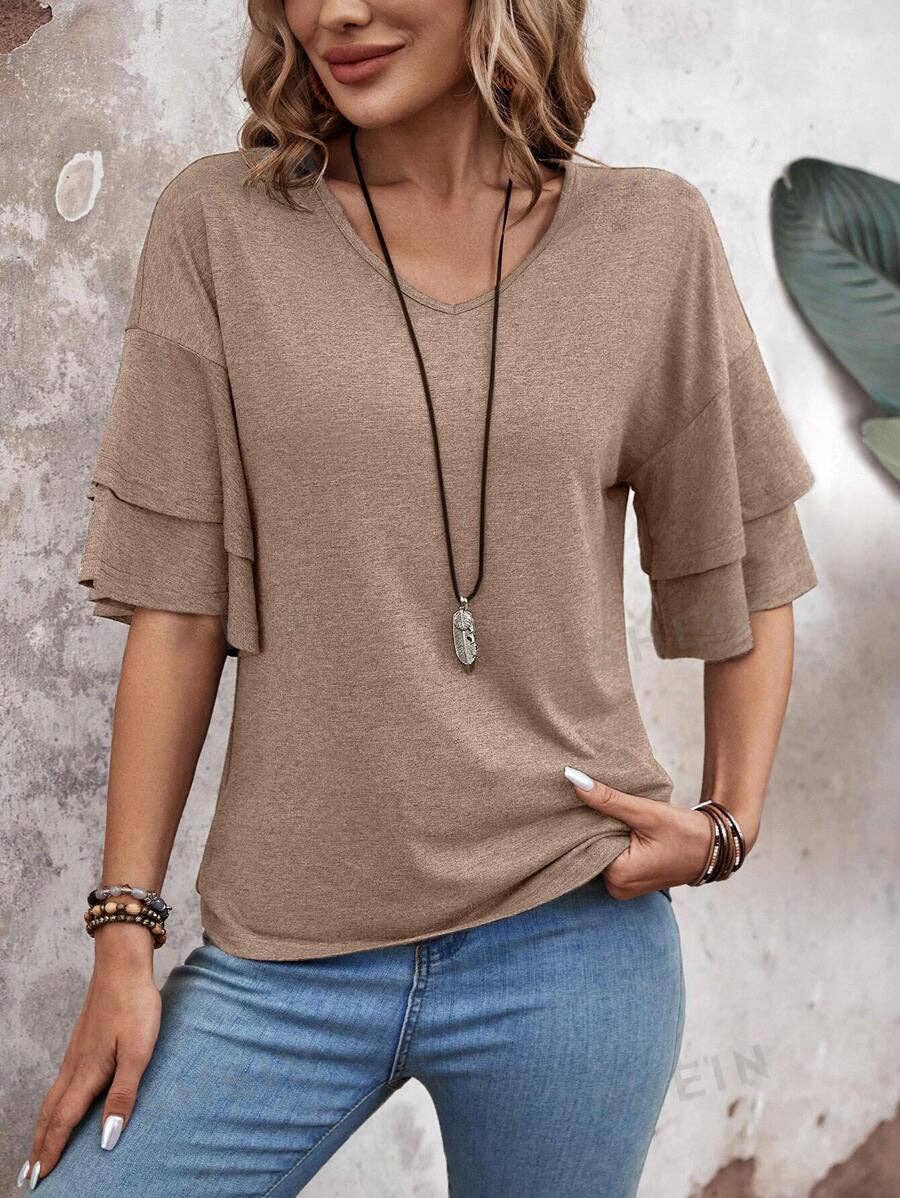 Suhkasana - Wholesale Blouse - Women's - Women's V-Neck Flutter Sleeve Top – Casual Summer T-Shirt26