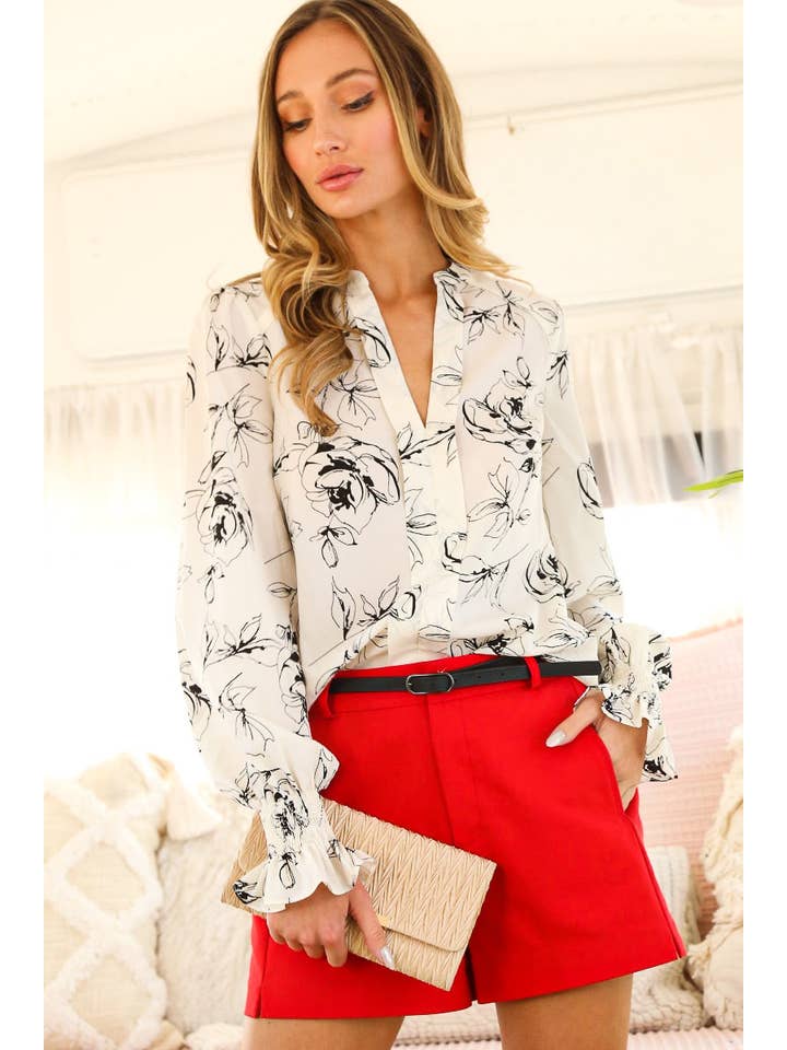 Off White Floral Print V-Neckline Woven Blouse Top VT31377M for wholesale on Faire
