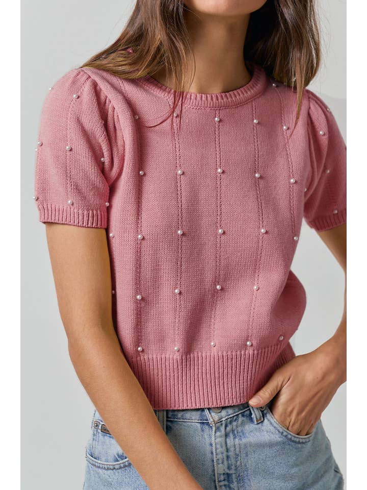 Lalavon - Wholesale Knit Top - Women's - ILT3051Â SWEATER SHORT SLEEVE TOP WITH PEARL DETAIL