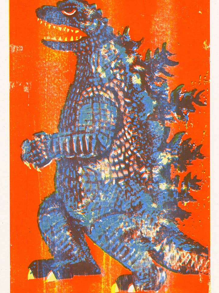 Godzilla King of Monsters - Risograph Print - Orange/Blue for wholesale by Risotopia