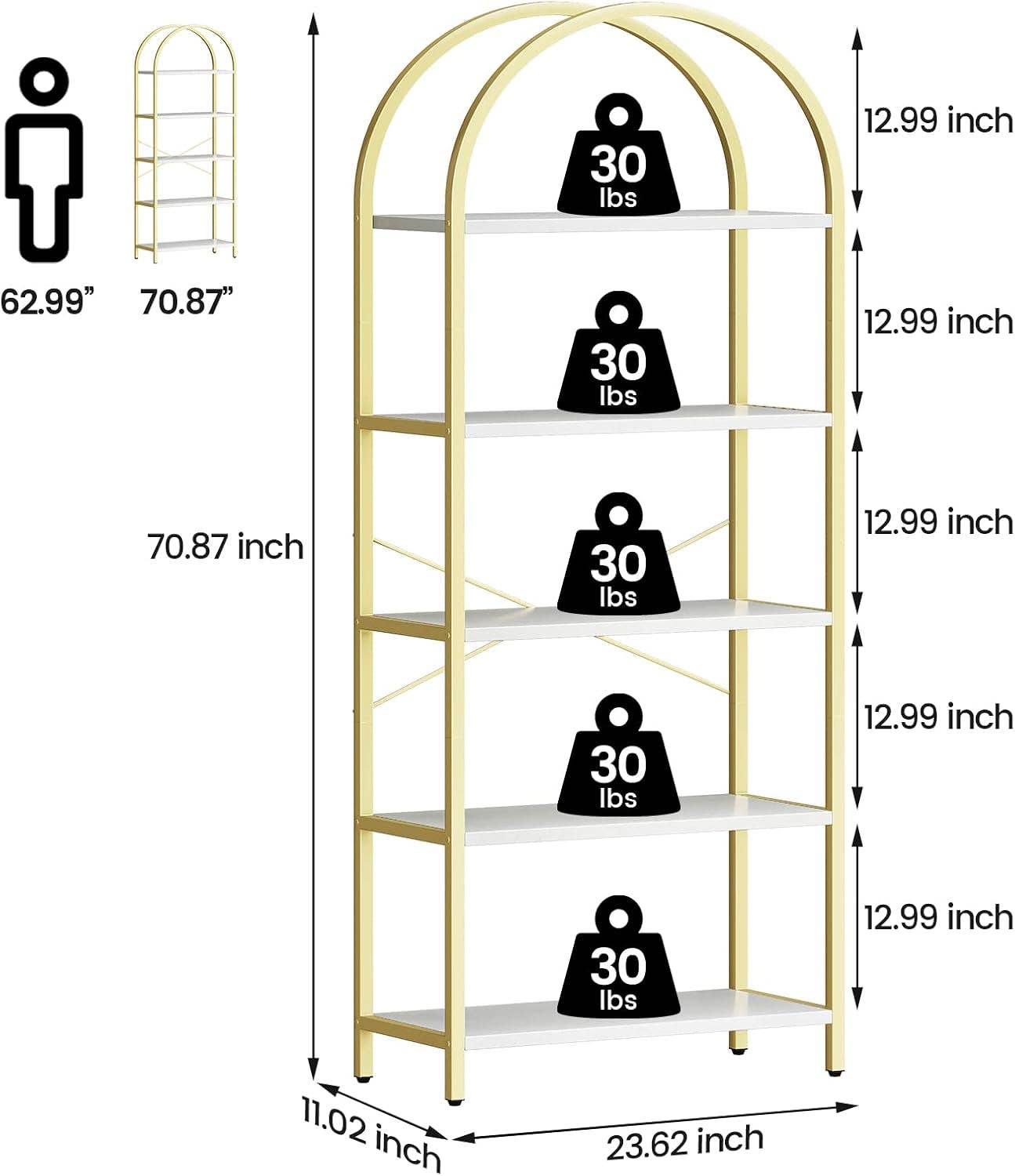 5 Tier Bookshelf Arched Display White Gold Metal Frame Bookcase for wholesale on Faire1