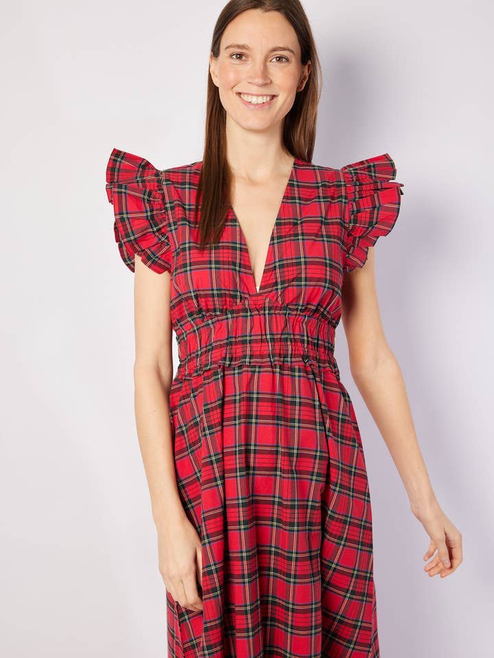 Red Plaid V-Neck Flutter Sleeve Maxi Dress for wholesale on Faire4