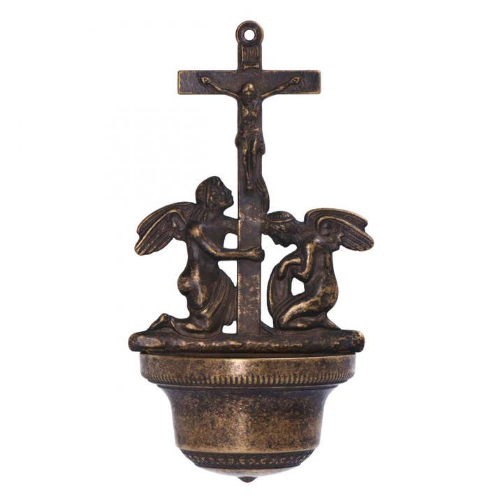 Väggmonterad vigvattenskål i mässing med ängeldekoration från kyrkan för wholesale av Arterameferro