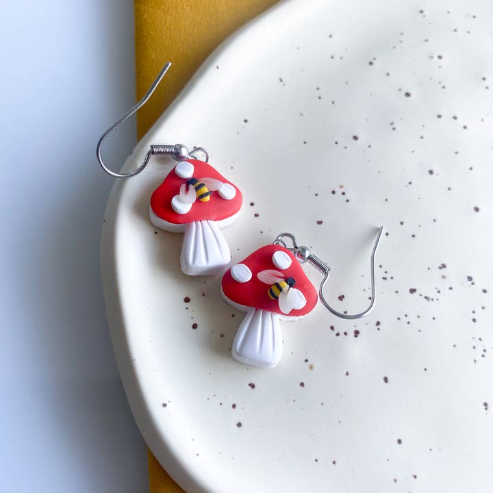 Red Bee Mushrooms / Clay Nature Honeybee Earrings for wholesale by Peripheral US