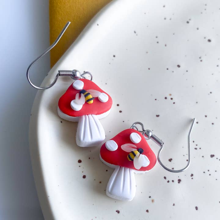 Red Bee Mushrooms / Clay Nature Honeybee Earrings for wholesale by Peripheral US