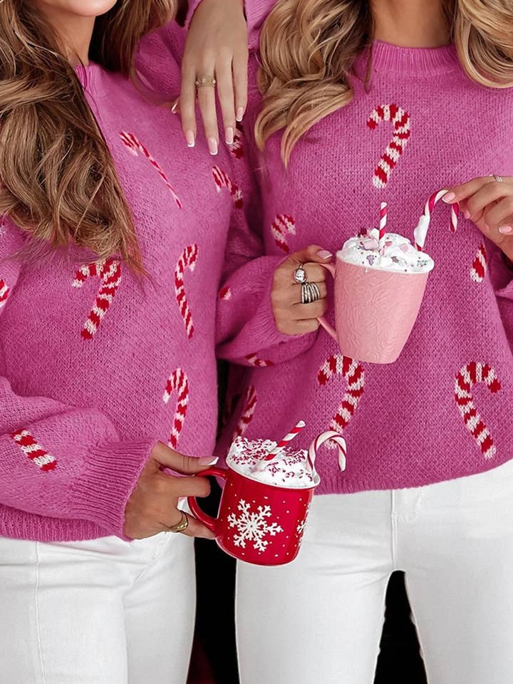 Lovesoft - Wholesale Knit Sweater - Women's - Sachet Pink Christmas Candy Cane Holiday Drop Shoulder Sweater4
