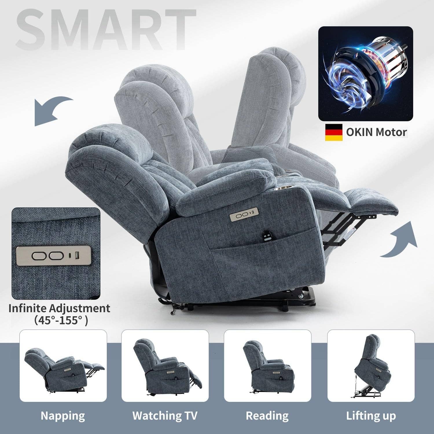 Power Lift Recliner Chair With Full Body Massage And Heat In Elegant Blue Chenille Fabric for wholesale on Faire6