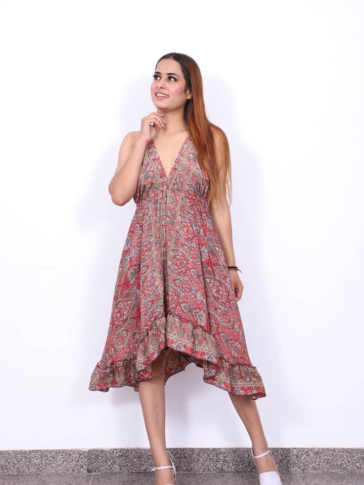 Boho Dress Halter neck backless printed knee length frill for wholesale by Humanity Centred Designs