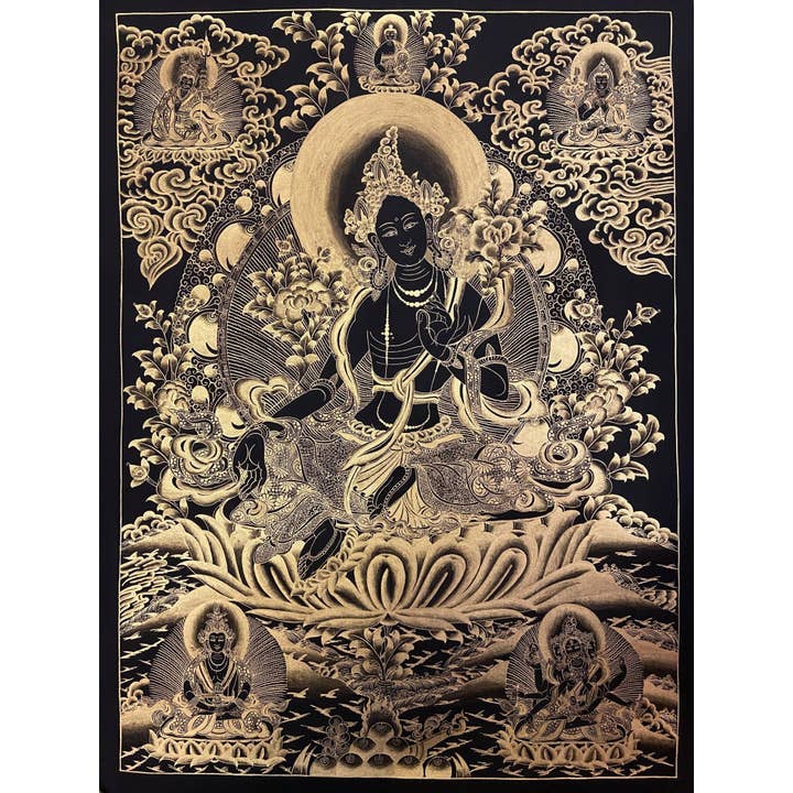Thangka Verde Tara preto e dourado por atacado de Art Of Tibet