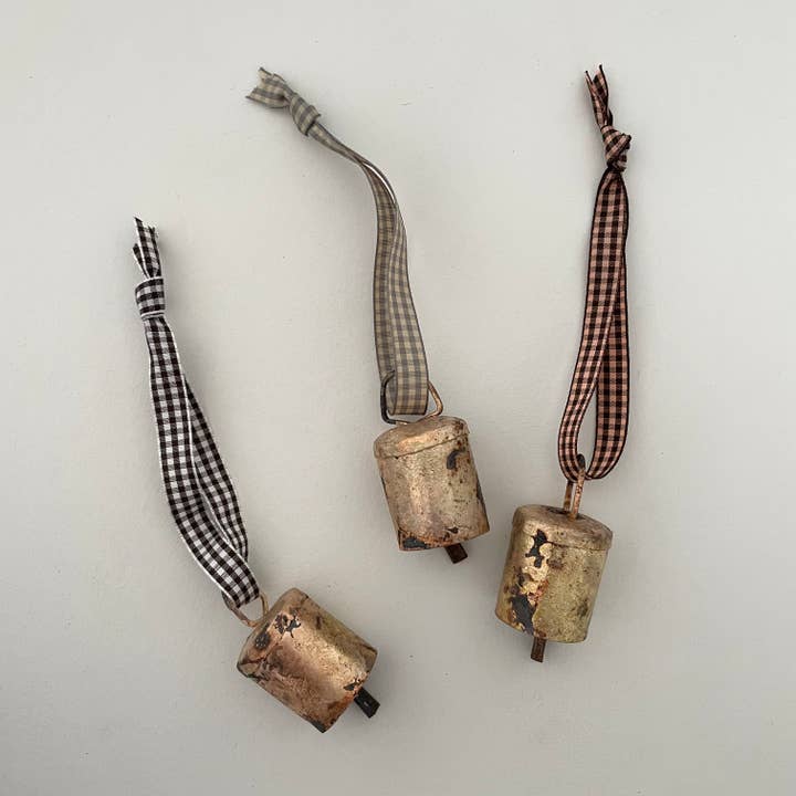 1 3/4" flat top brass bell ornament 33 colors gingham ribbon for wholesale by fort & field