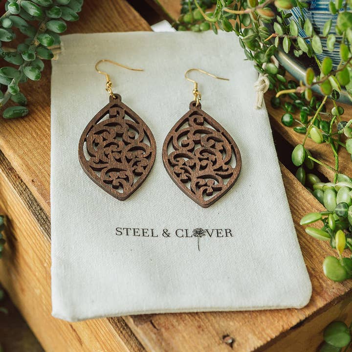 Juniper Scroll Wooden Earrings for wholesale by Steel & Clover