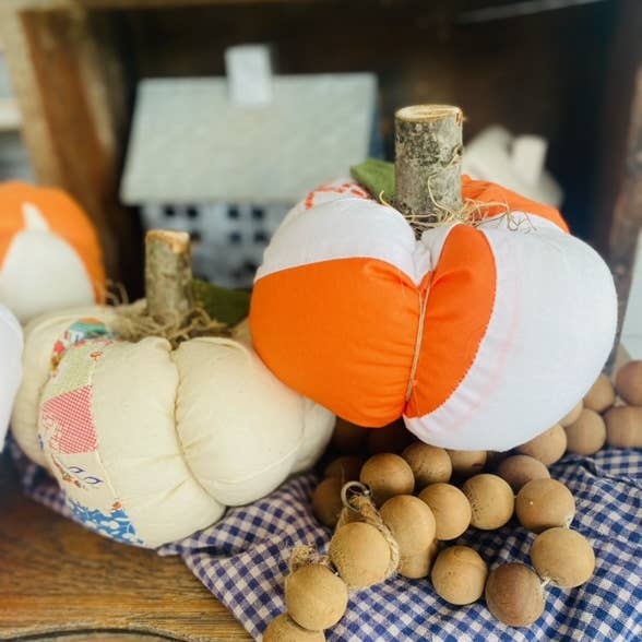 A Gnome on the Roam - Wholesale Decorative Tabletop Object - Handmade Fabric Pumpkins Vintage Quilt Top 7" Fall Decor5