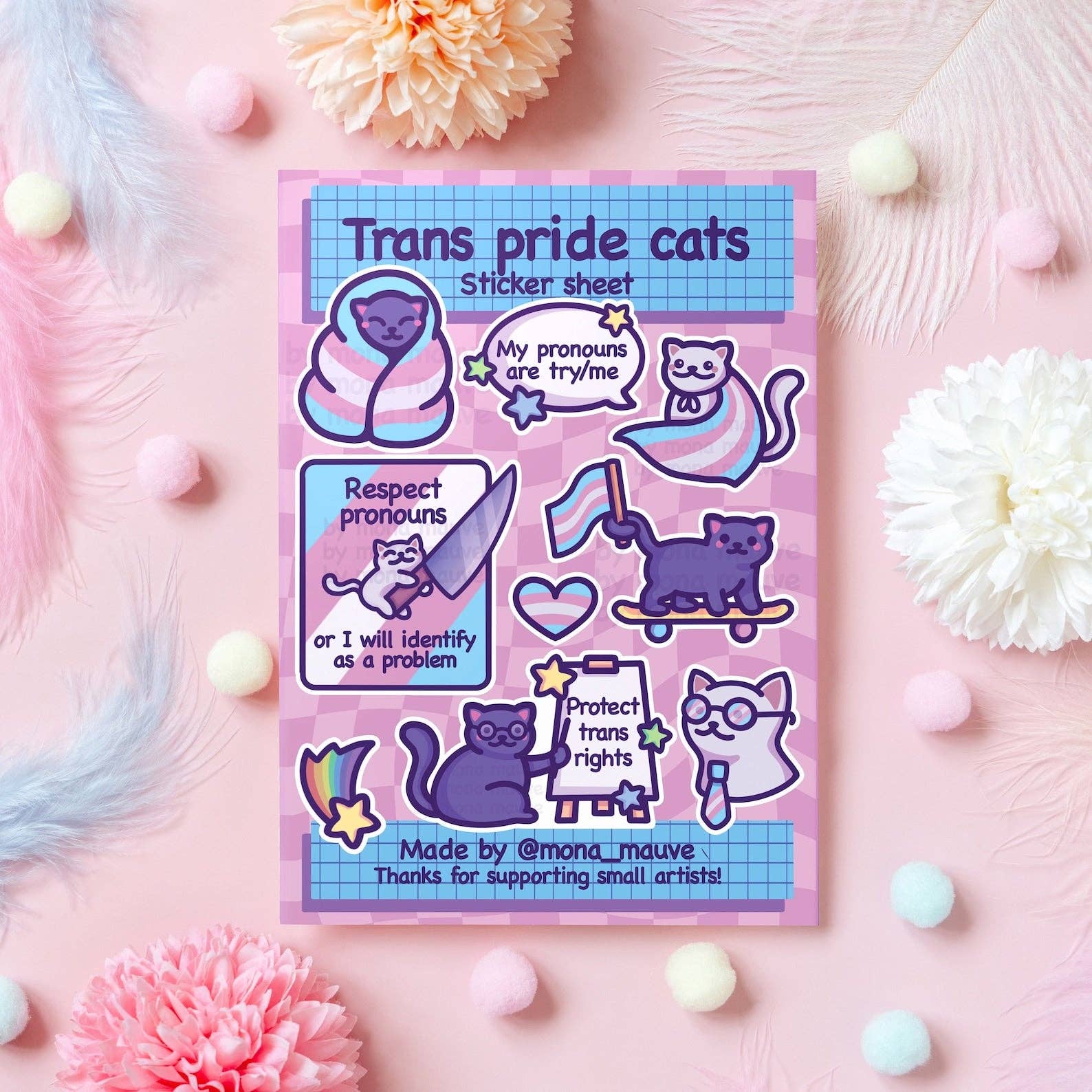 Mona Mauve • Silly Art! - Wholesale Sticker - Trans Pride Cats Sticker Sheet | 9 Waterproof Vinyl Stickers1