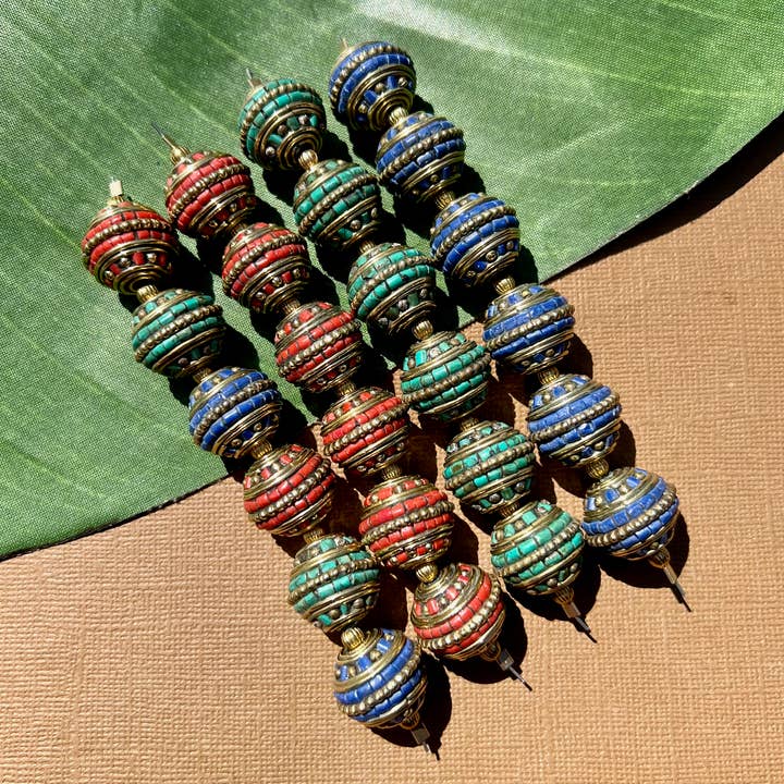 Tibetan Style Brass & Stone Round Beads - Sold by Pair for wholesale by Bead Goes On