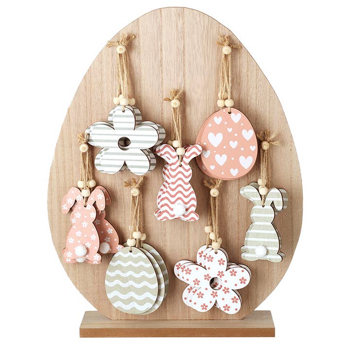 SET WITH WOODEN EASTER DECORATIONS ON EGG DISPLAY for wholesale by Heaven Sends