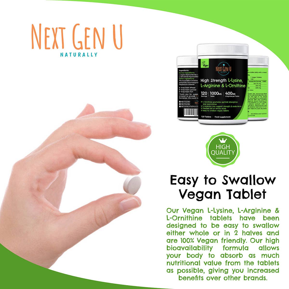 Next Gen U - Vente Supplément oral/vitamine - 120 comprimés de L-lysine, L-arginine et L-ornithine 1000 mg3