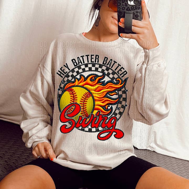 Hey Batter Batter Softball With Fire DTF Transfer for wholesale by K and M Designs