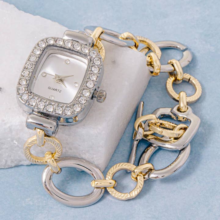 Montre-bracelet à chaîne à bascule bicolore avec zircons cubiques pour la vente par Fame Accessories