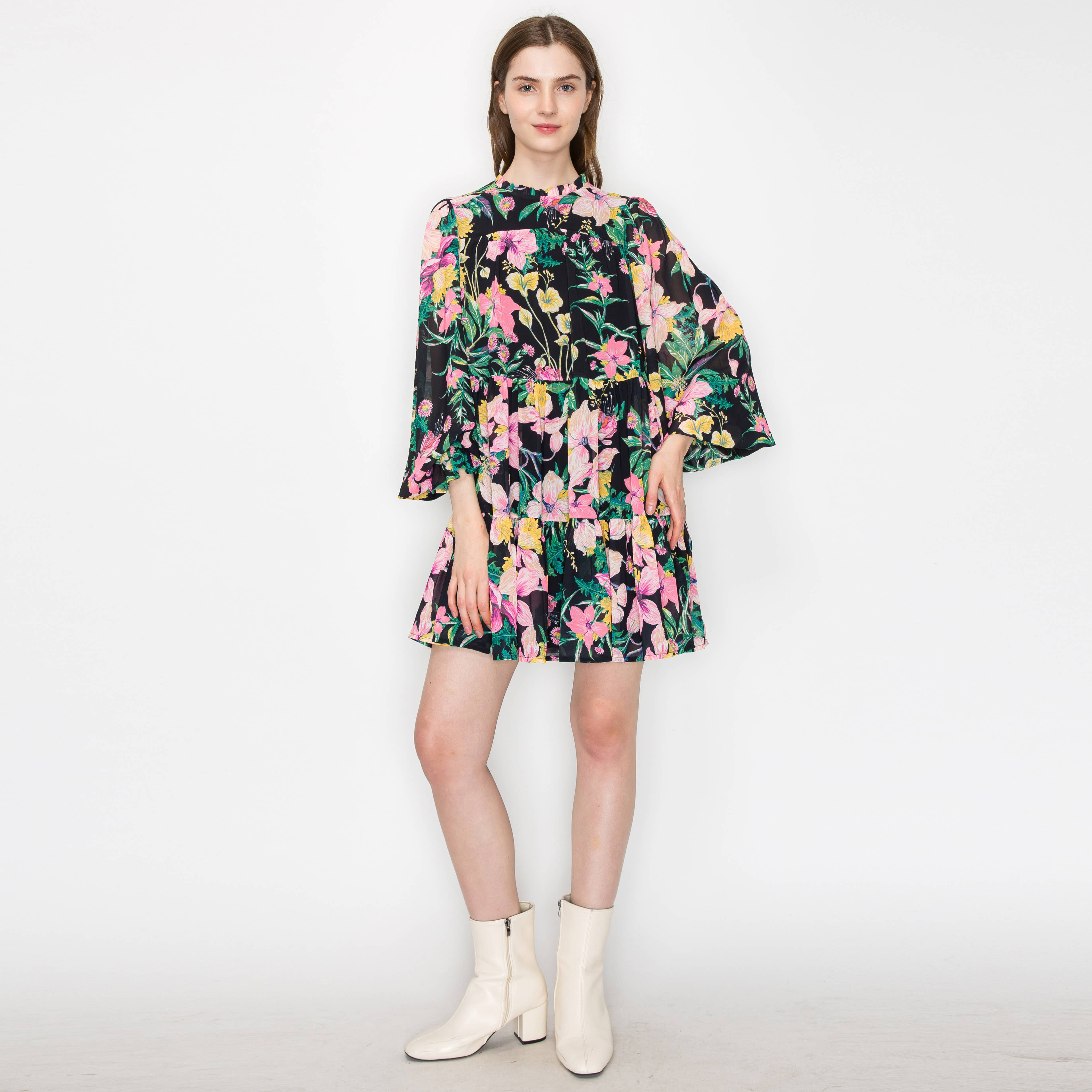 LoveWednesday - Wholesale Dress - Women's - Black wild floral print mini dress - LWD25954