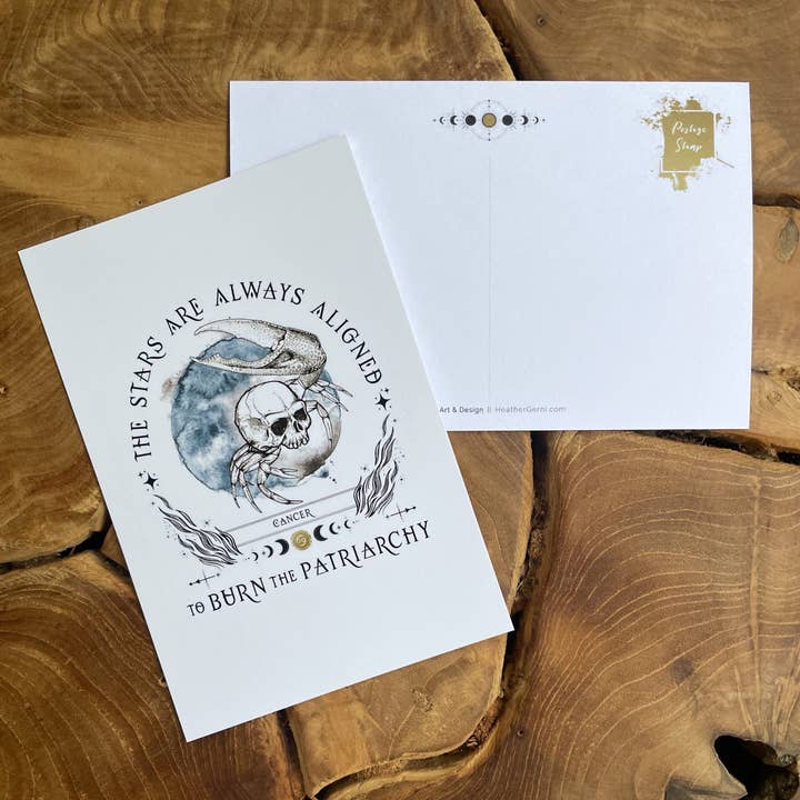 Burn the Patriarchy POSTCARD - TAURUS POSTCARD - CANCER for wholesale by Heather Gerni Art & Design