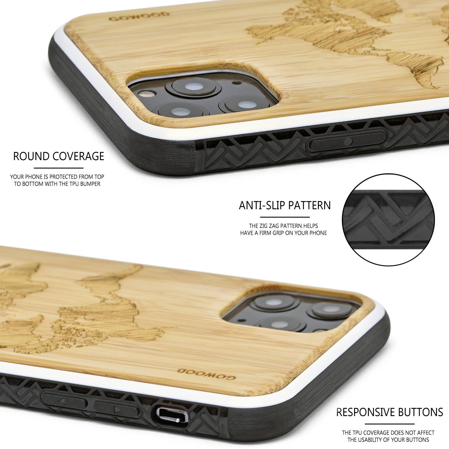 GOWOOD - Wholesale Phone Case - Unisex - iPhone 11 Pro Case with Map Engraved Bamboo Backside1