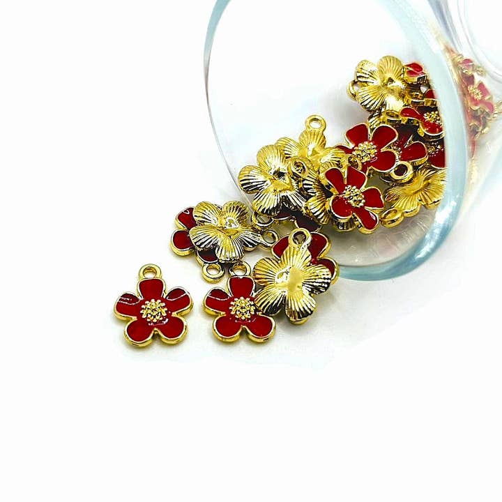 Red and Gold Flower Charms, 16x13mm for wholesale by Guerrilla Charm