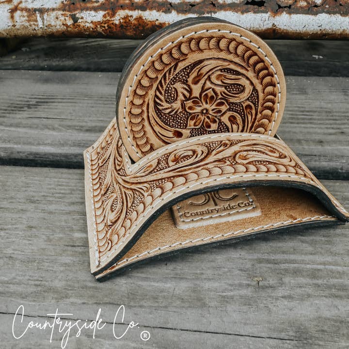 Texas Western Cowhide Bags and More - Wholesale Coasters - Handmade Tooled Leather Coaster Set, home decor, barware