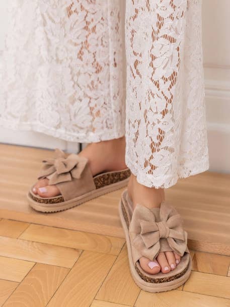 Women's Faux Suede Bow Platform Slide Sandals for wholesale by No Doubt Shoes