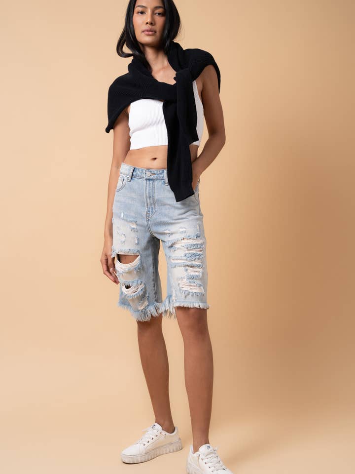 Høj talje tunge ødelagt Flosset Hem Bermuda Denim Shorts for engroshandel hos Insane Gene USA