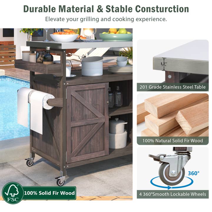 39F Inc. - Wholesale Outdoor Ornament/Decor - Outdoor Kitchen Island,Farmhouse Solid Wood Rolling Cart53