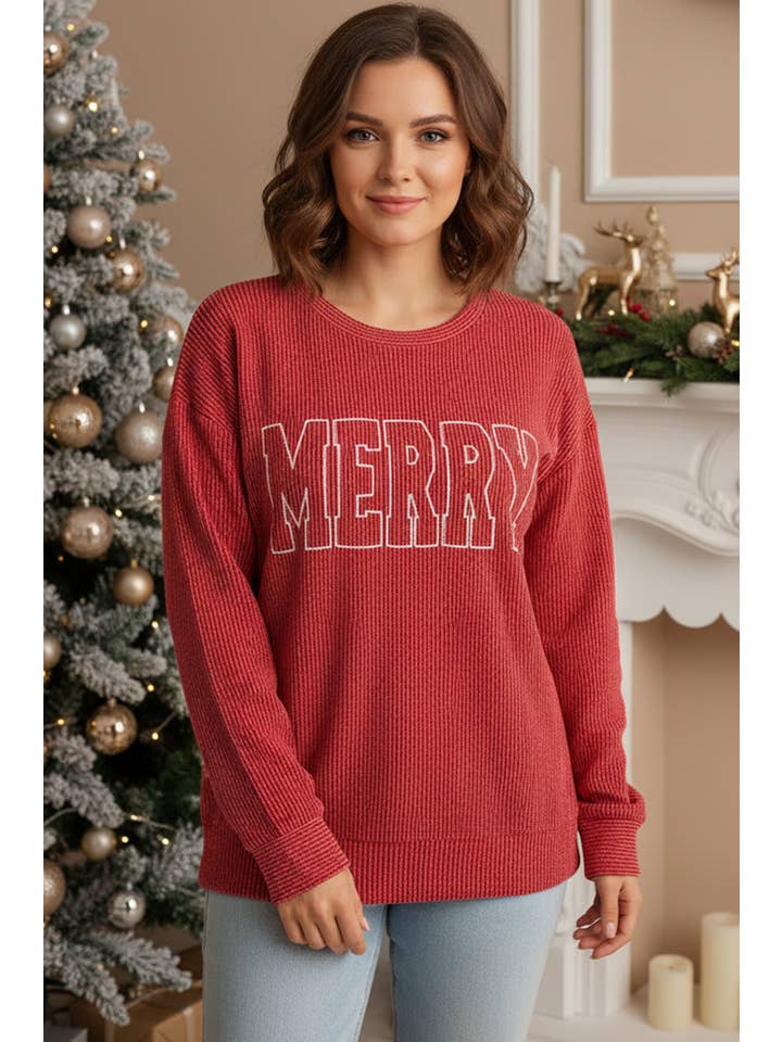 LA Society - Wholesale Knit Top - Women's - Twisted Rib Outlined Merry Graphic christmas shirt*S-4X1