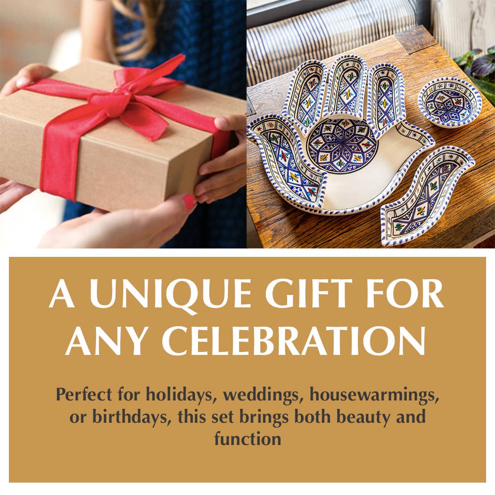 Kamsah - Vente Assiettes/plats/bols de décoration - Ensemble de trempage et de service en céramique Hamsa bleu bohème fait main8