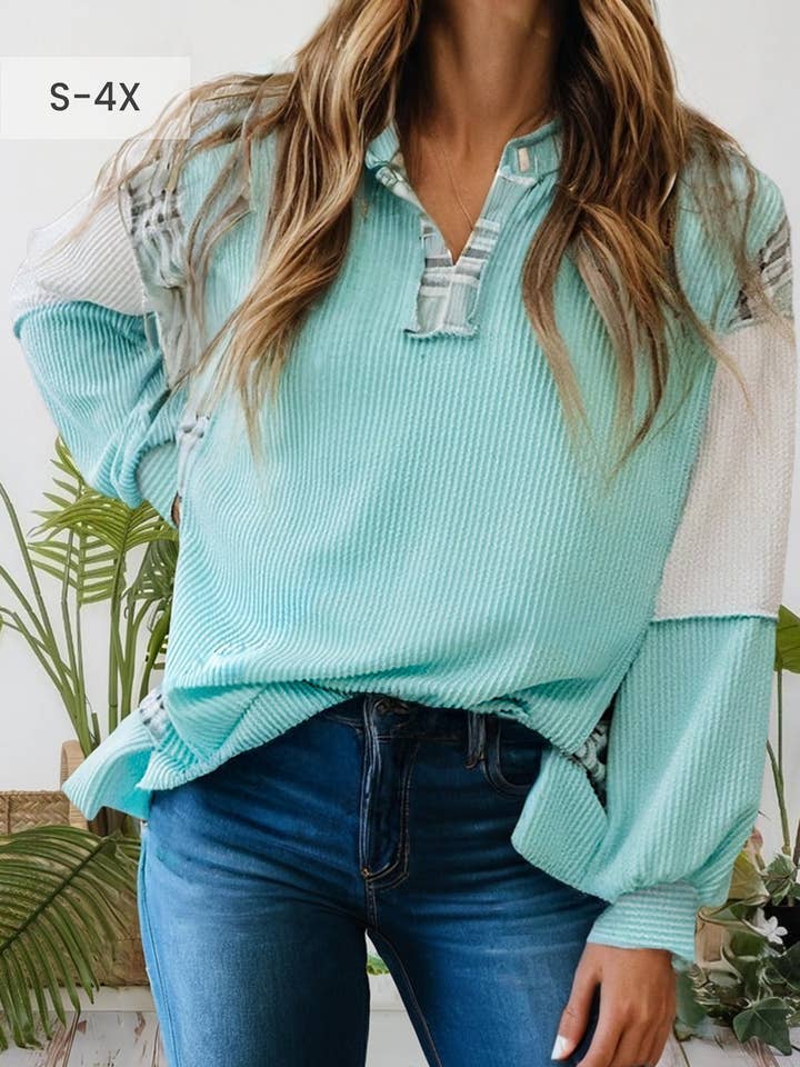 Plaid Colorblock Corded Patchwork Split Neck Top (S-4X) for wholesale by 66DISCO