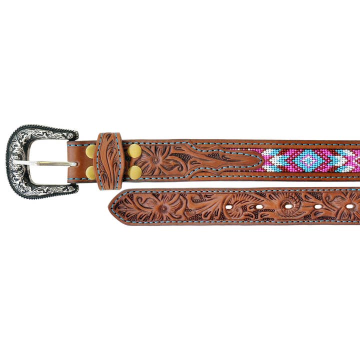 Ceinture en cuir pleine fleur pour enfants de style western 1-1/4" avec perles et motif floral 26RS37C pour la vente par Challenger