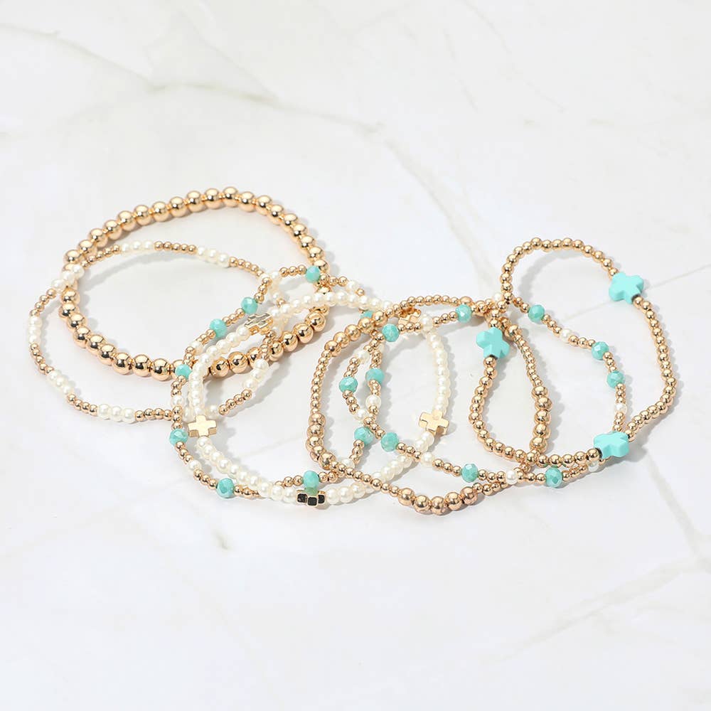 Sensibling Corp. - Wholesale Jewelry Set - 7PCS - Cross Pearl Metal Ball Beaded Stretch Multi Layered Bracelets7