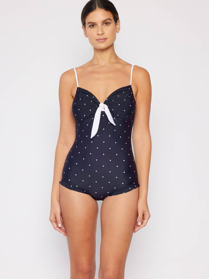Retro style 1pc w/ruffle around leg-F1824_Blk/Wht Dot for wholesale by MARINA WEST SWIM