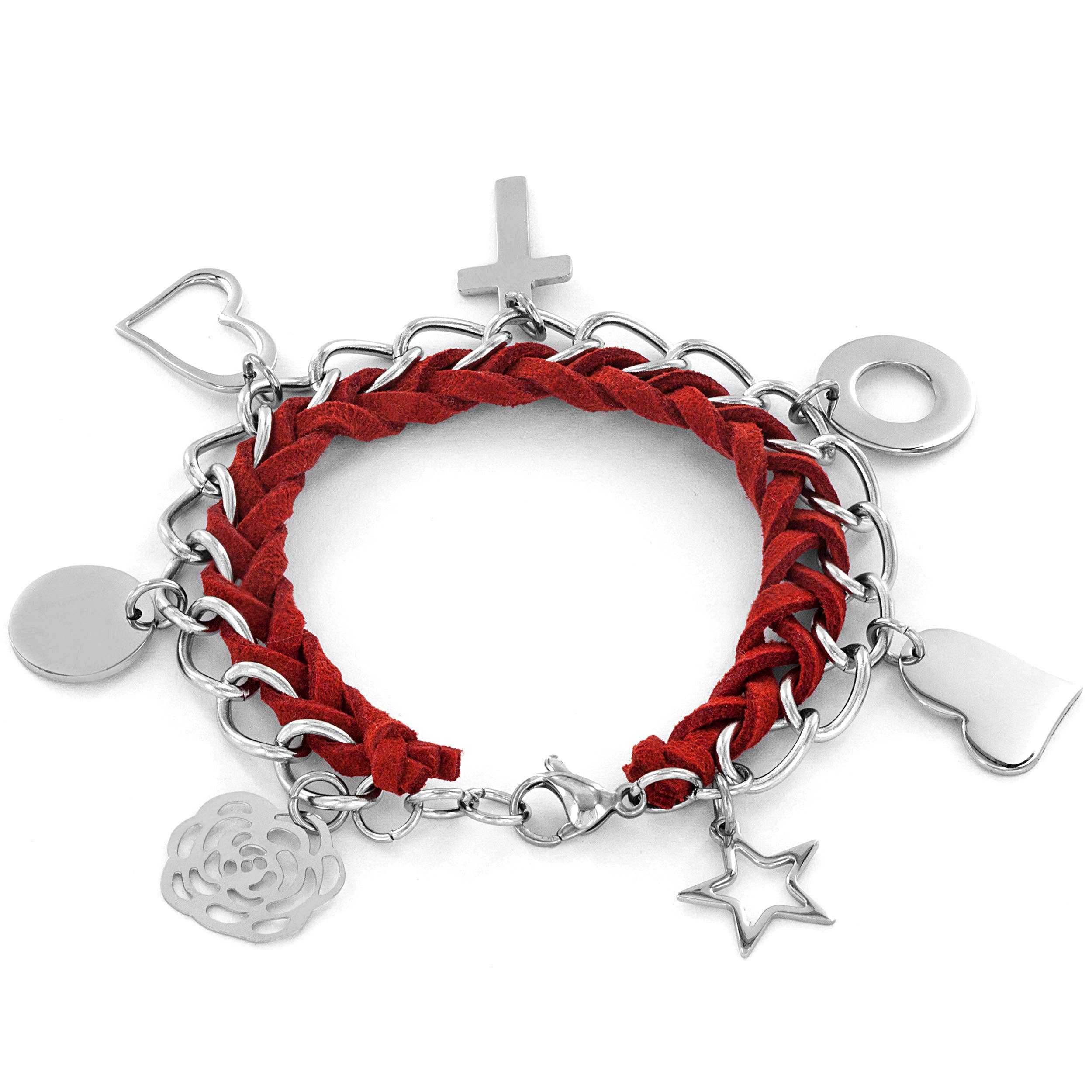 West Coast Jewelry - Wholesale Charm/Dangle Bracelet - Stainless Steel Dangle Charms Red Woven Leather Bracelet1