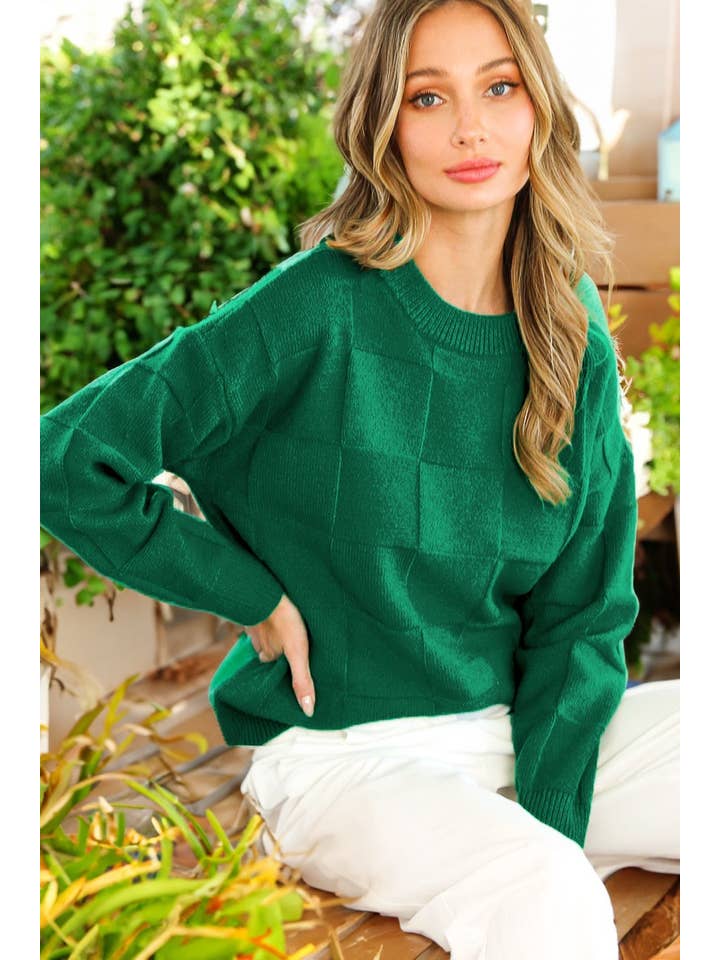 Vine & Love - Wholesale Knit Sweater - Women's - Checkerboard Textured Crew Neck Knitted Sweater  VT81155-2
