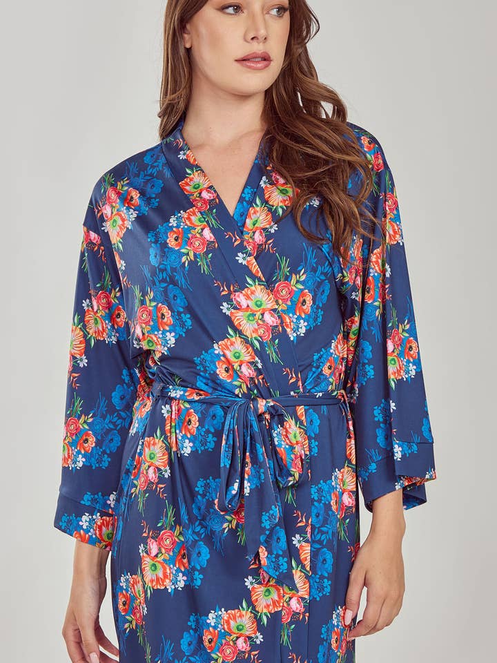 bleu Peignoir à nouer imprimé Elsia avec liens intérieurs en vente sur Faire11